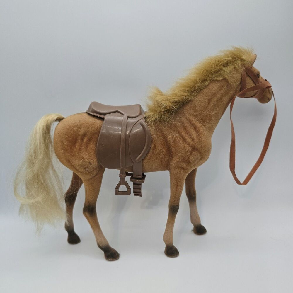 Vintage Flocked Plastic Horse Toy Figurine Pony Brown with saddle - Picture 5 of 14